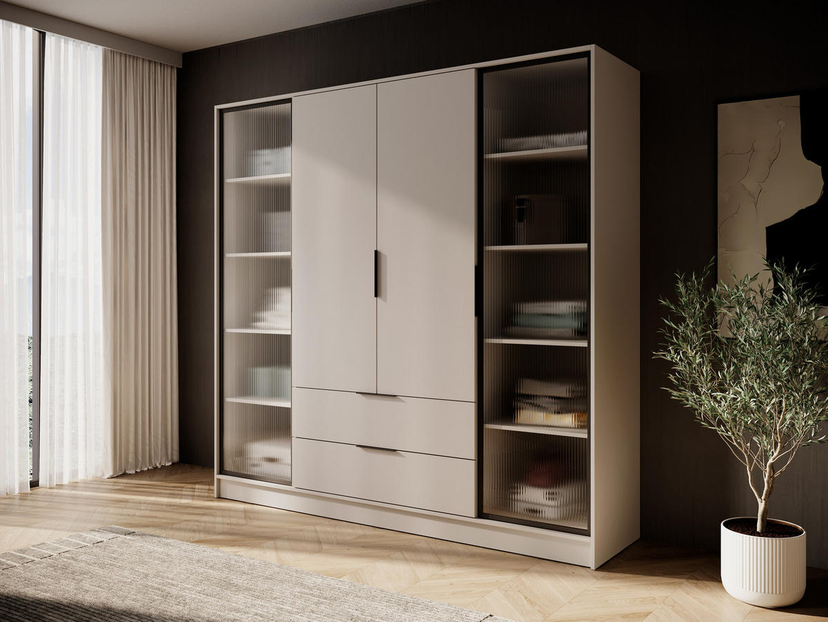 DREHTÜRENSCHRANK - Sevia Kaschmir – mit Vitrinen an den Seiten - Kaschmir, Holzwerkstoff (206/200/51cm) - Möblo