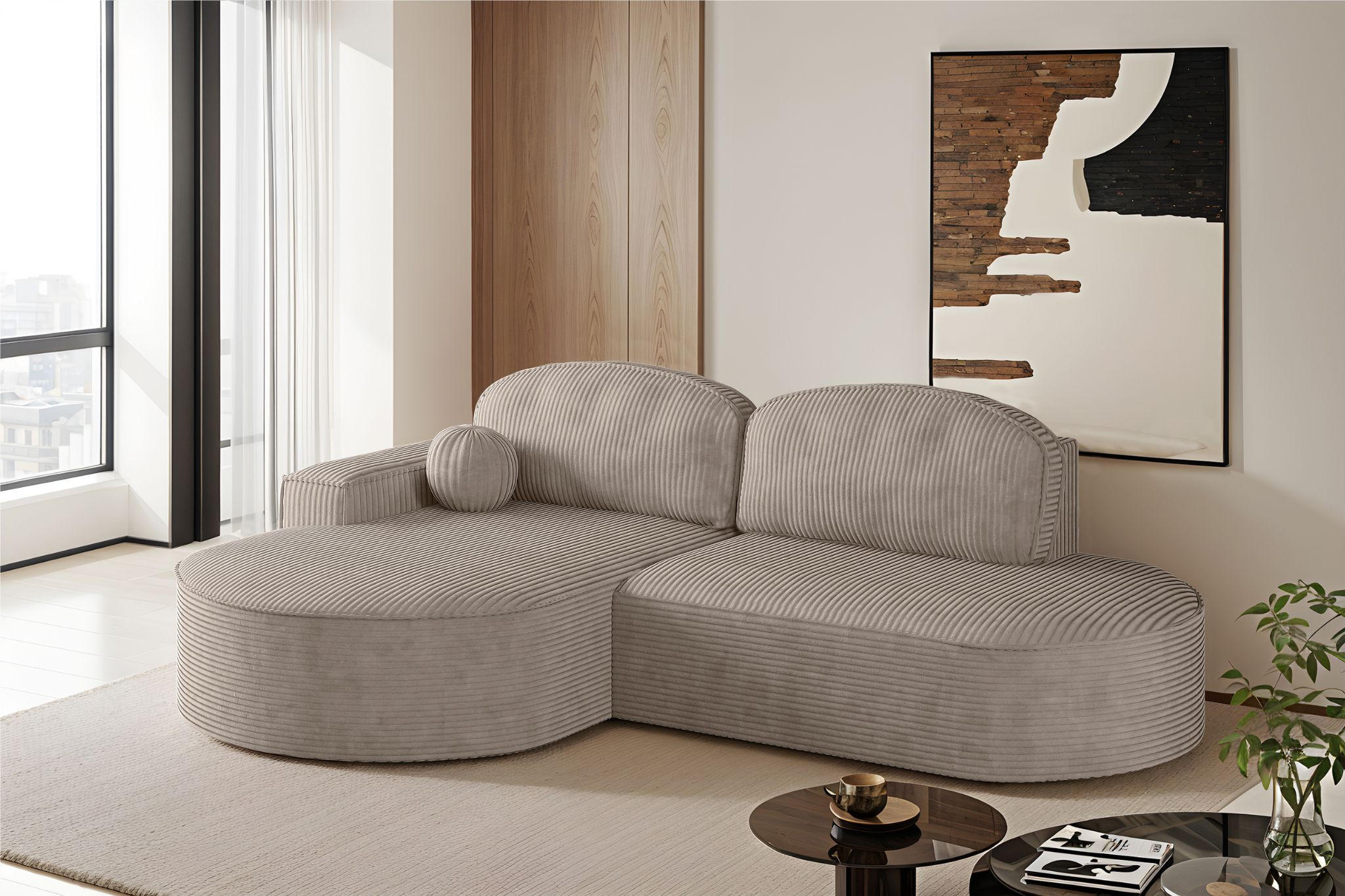 ECKSOFA mit Schlaffunktion und Bettkasten Modena Runden stoff Poso Dunkelbeige Links - Cappuccino, Holz/Textil (179/278cm) - Kaiser Möbel