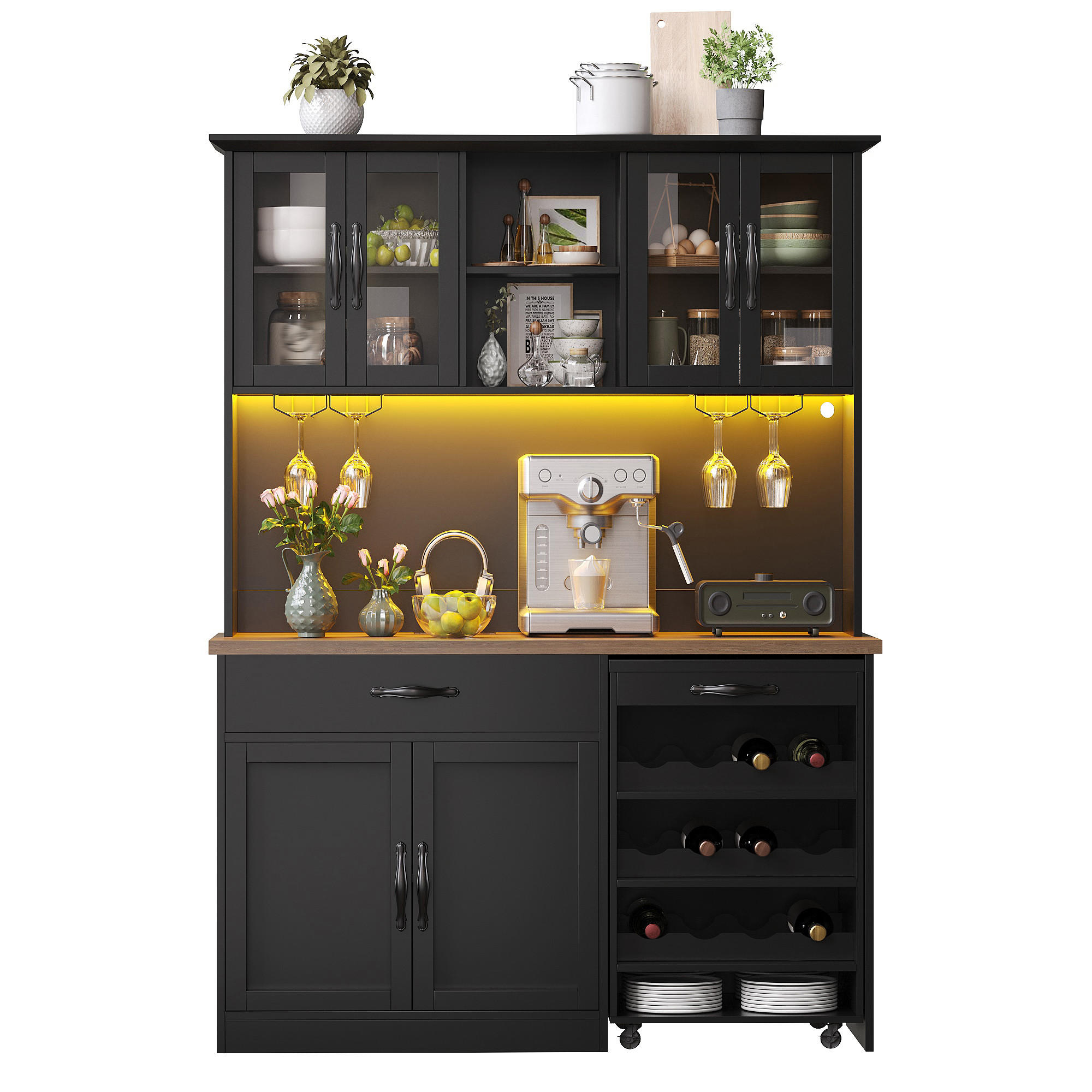 KÜCHENSCHRANK 140Cm LED Rollwagen Weinregal Glas - Schwarz, Holzwerkstoff (140/180/38cm) - FLIEKS