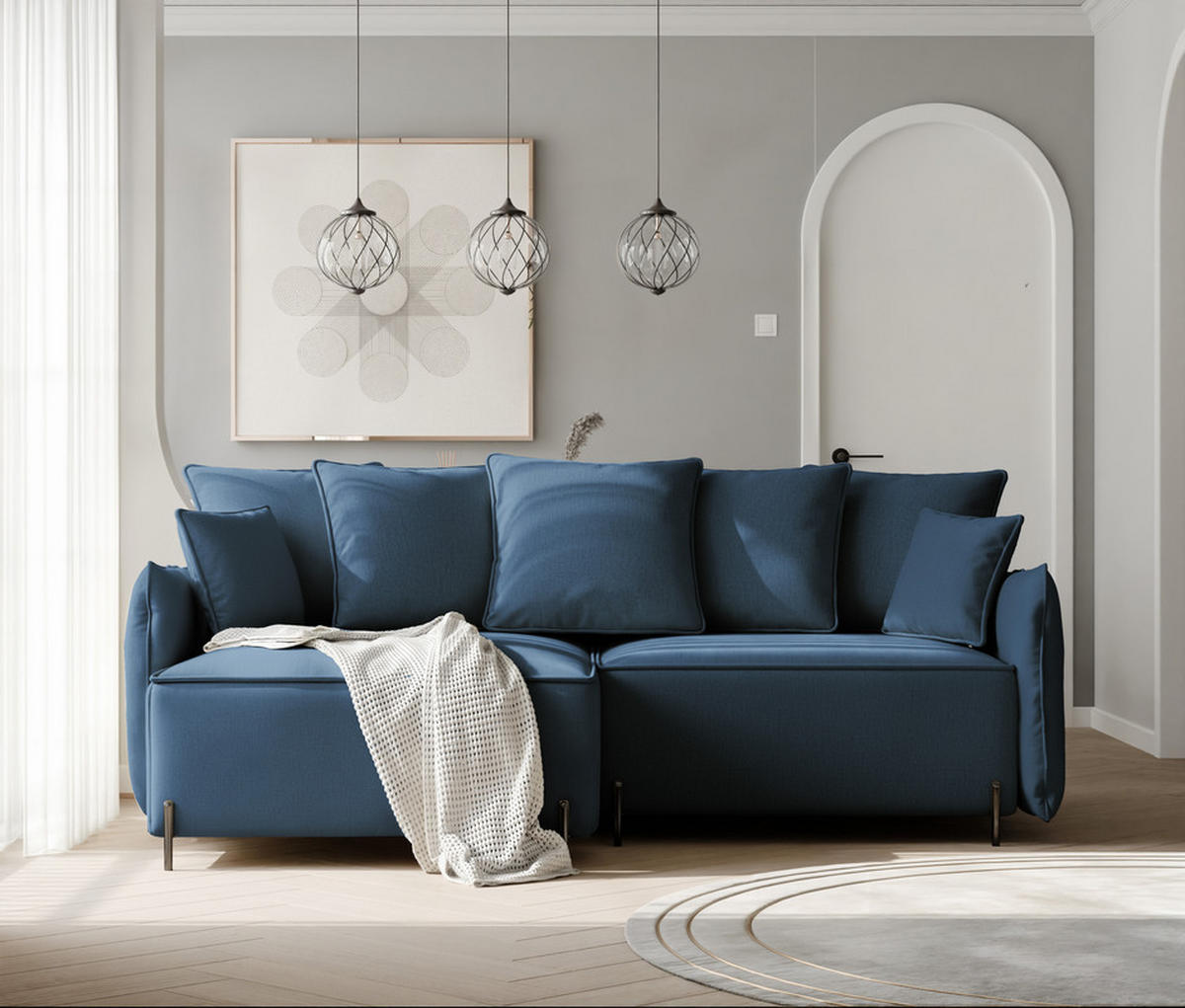 ECKSOFA MARCO Links, mit Schlaffunktion und Bettkasten, Marineblau - Dunkelblau, Textil/Metall (221/148cm) - Idohome