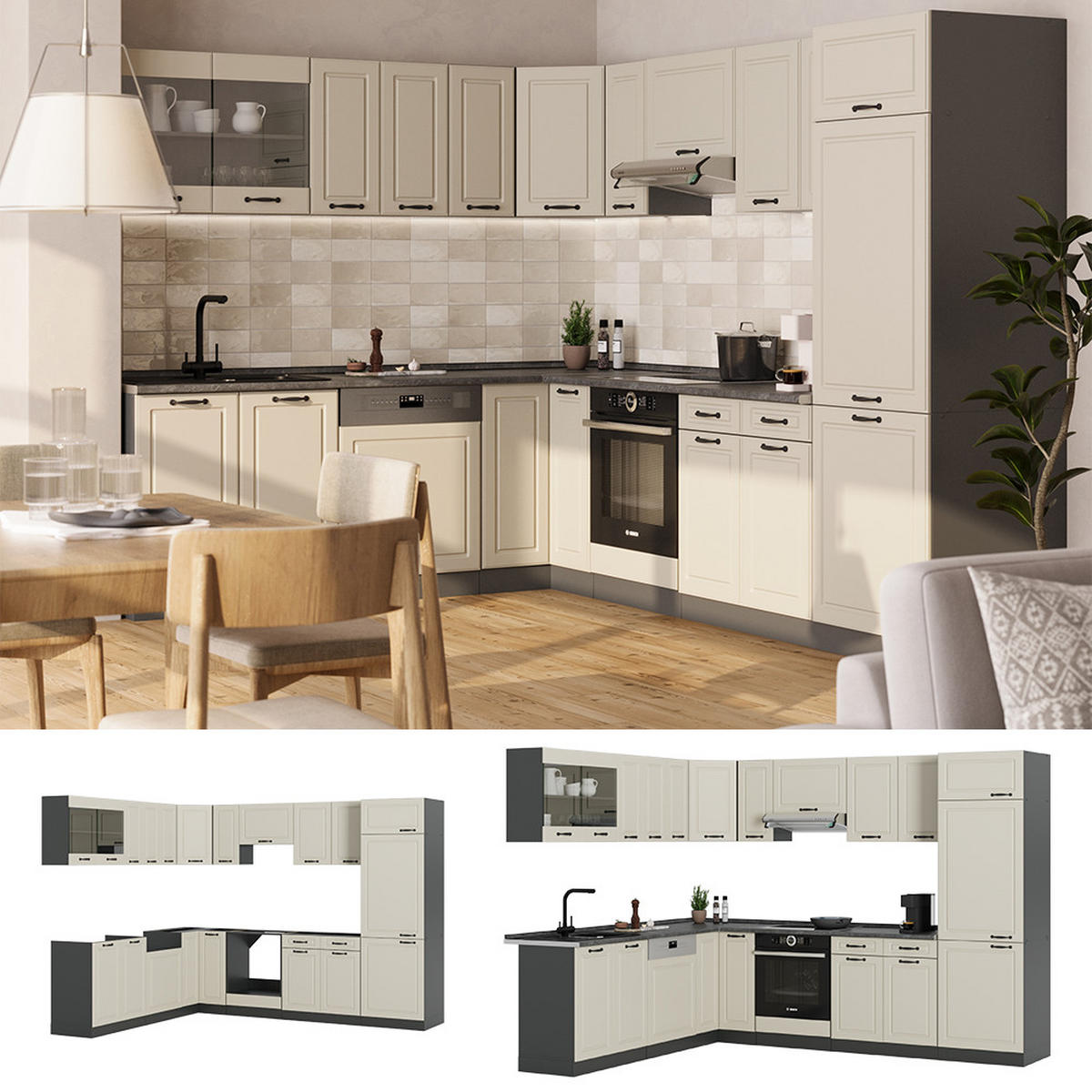 ECKKÜCHE R-Line, Sand Landhaus/Anthrazit, 287 x 227 cm - Beige/Anthrazit, Holzwerkstoff (287/206.8/60cm) - Vicco