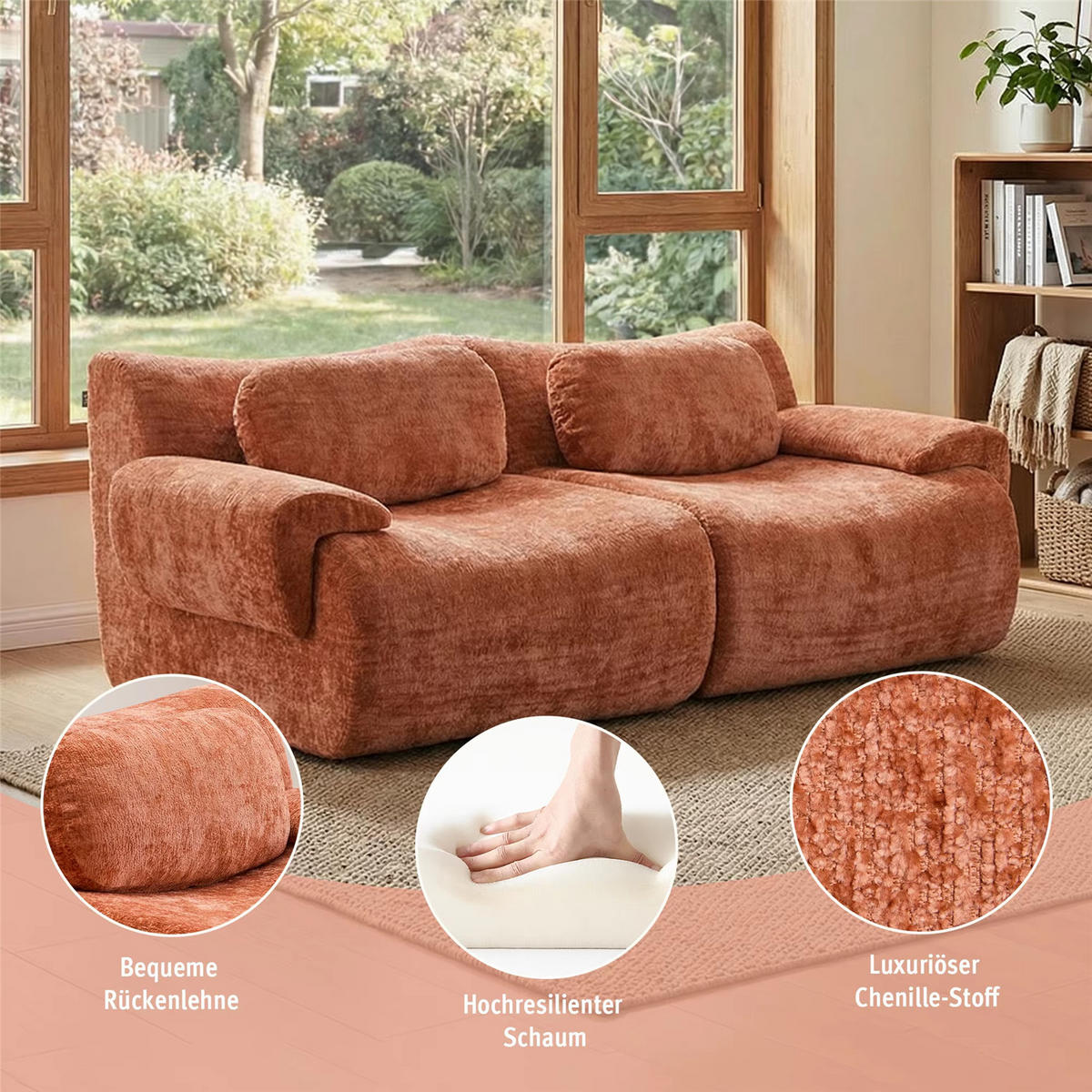 2-SITZER-SOFA Chenille Cloud Design, 184 cm Komfort Sofa ohne Montage - Orange, Textil (184/69/101cm) - Kaket