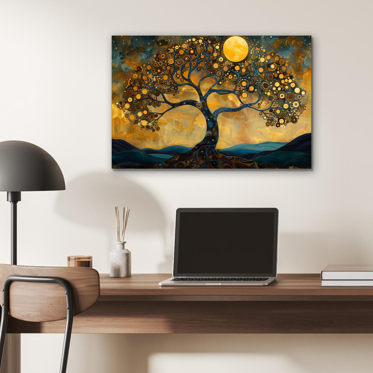 METALLBILD Baum - Mond - Blumen - Gold - Kunst 60x40 cm - Orange, Metall (60/40cm) - MuchoWow