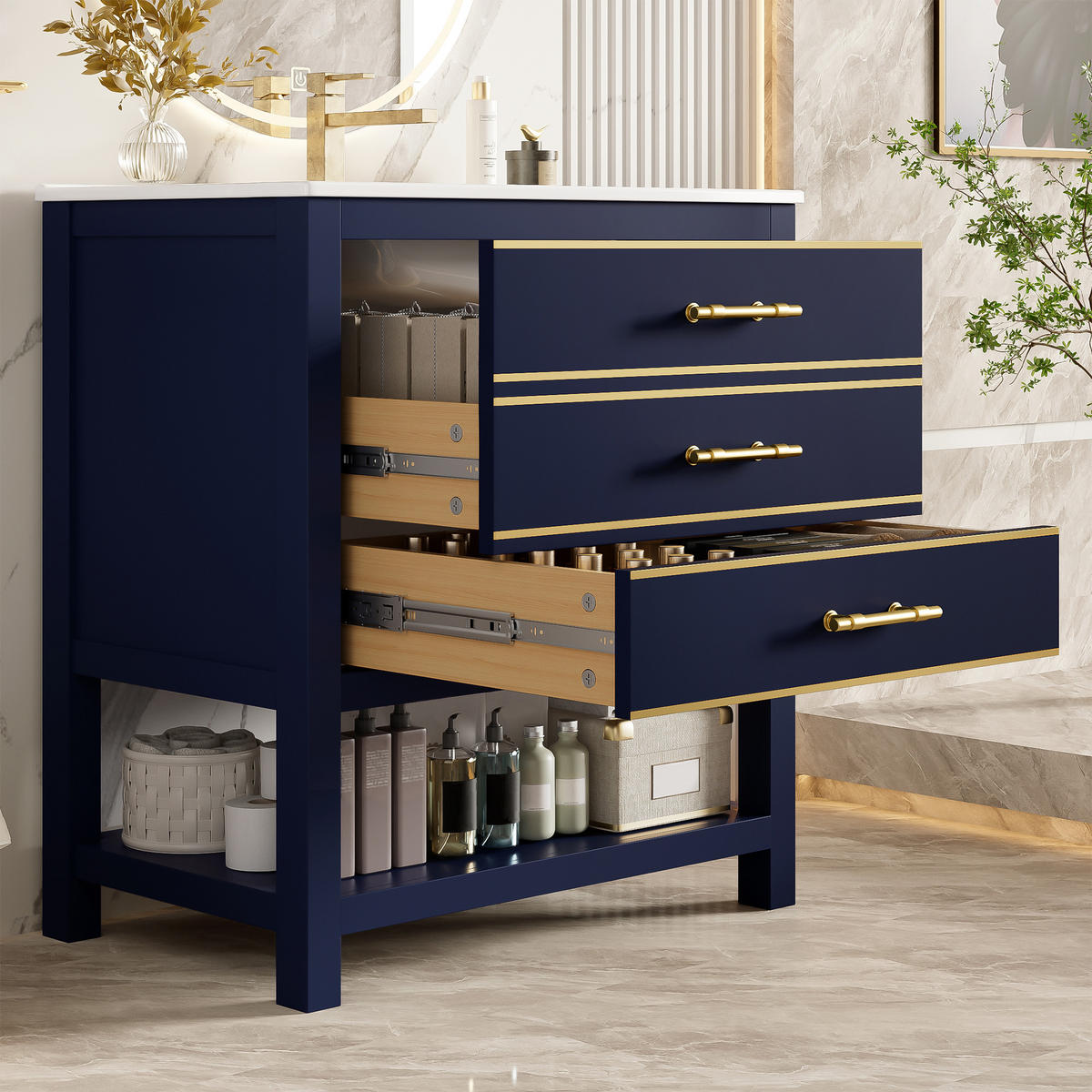 WASCHTISCHUNTERSCHRANK mit Keramikbecken 66x46.5x86cm Schwarz & blau mit Gold-Akzenten - Blau, Holzwerkstoff (76/86/46.5cm) - Modfu