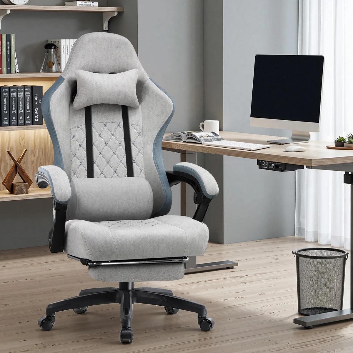 GAMINGSTUHL Stoff mit Federsitz Ergonomisch Grün - Grau, Metall (54/135/50cm) - Kaket
