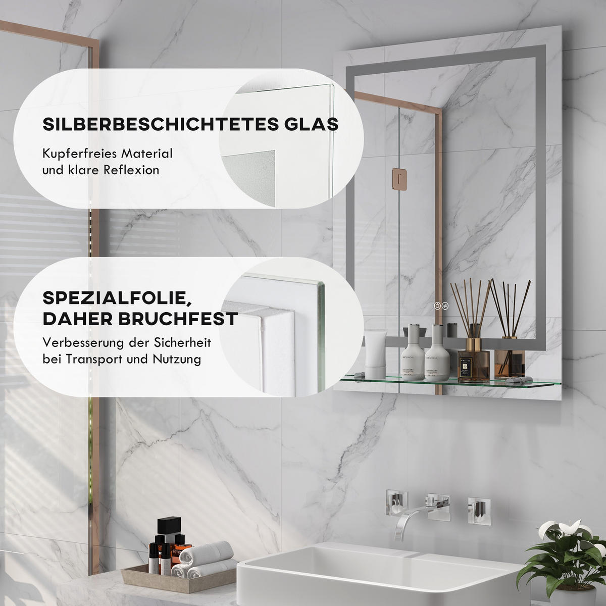 BADSPIEGEL mit Beleuchtung, Wandspiegel mit 3 Lichtfarben, Anti-Beschlag - Transparent, Glas (50/2.7/70cm) - Kleankin