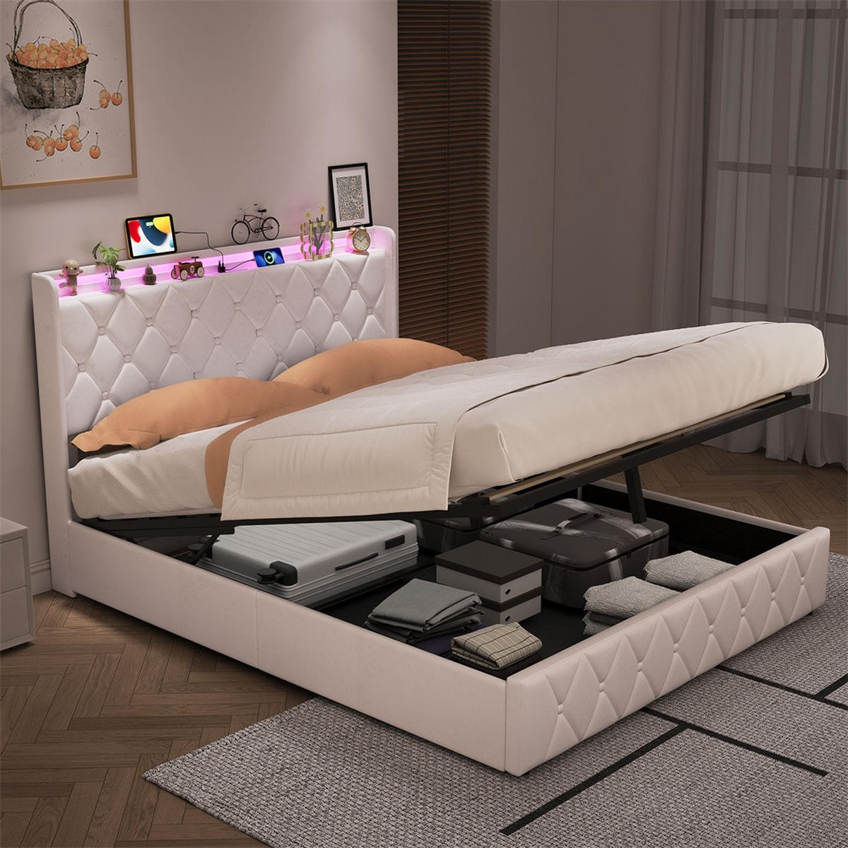 POLSTERBETT 160x200 cm mit hydraulischem Stauraum - Kopfteil Regal & LED - USB - ohne Matratze - Beige - Beige, Textil (160/200cm) - DELFA