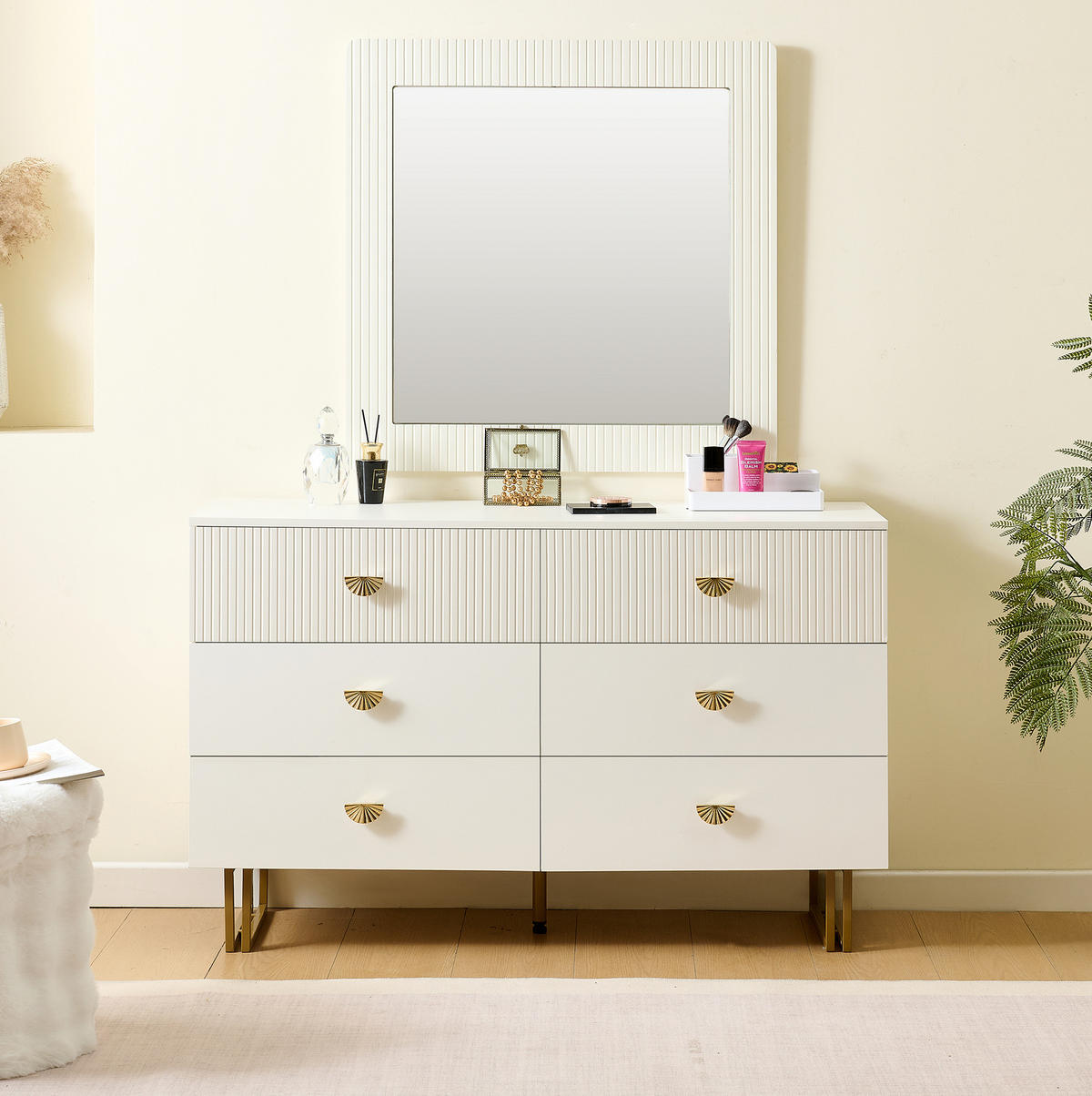 KOMMODE aus MDF 120x40x75cm in Weiß mit 6 Schubladen & Spiegel - Weiß, Holzwerkstoff (120/75/40cm) - Modfu