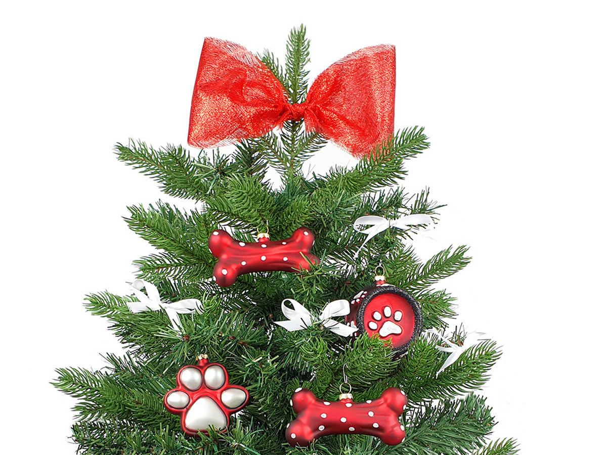 WEIHNACHTSBAUM künstlicher 60 cm mit LED-Beleuchtung, HUNDEFREUDE, mit 14 Weihnachtsbaumschmuck, Pflanztopf mit Jutesack - Rot/Silberfarben, Kunststoff/Stein (40/60cm) - LAALU