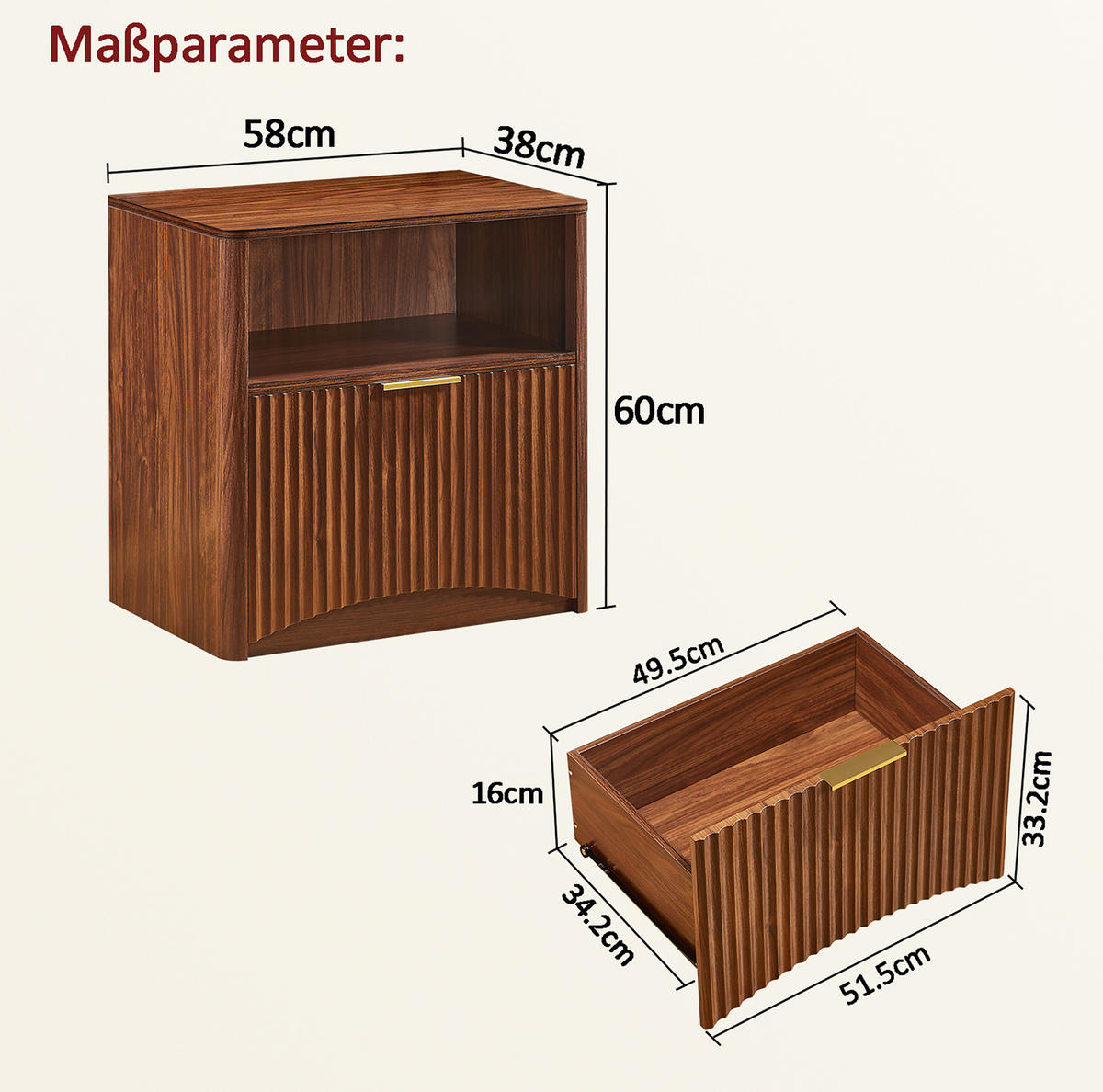 NACHTTISCH 58/38/60 cm in Nussbaumfarben mit Rillendesign und Schublade - Walnussfarben, Holzwerkstoff (58/60/38cm) - Flora Grace