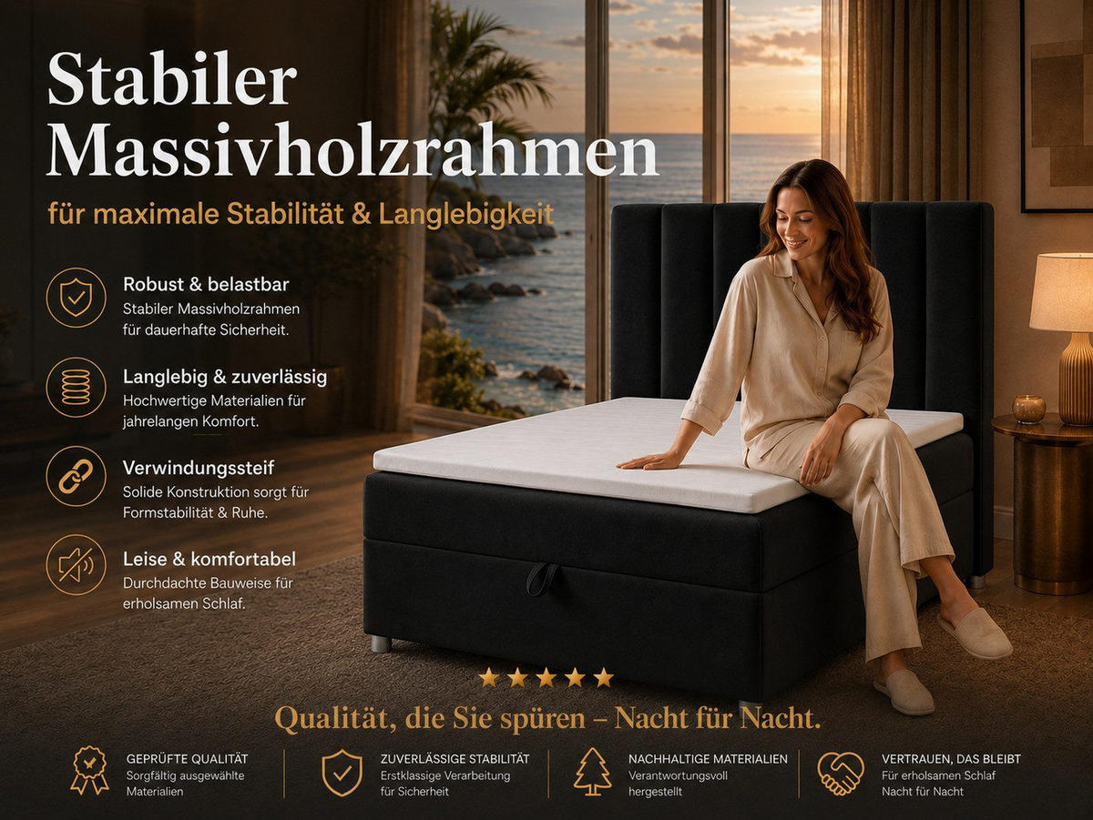 BOXBETT mit Bettkasten Trinity K-10 SINGLE Bonellfederkern inkl. Topper - Schwarz, Holz/Holzwerkstoff (100/200cm) - Best For Home