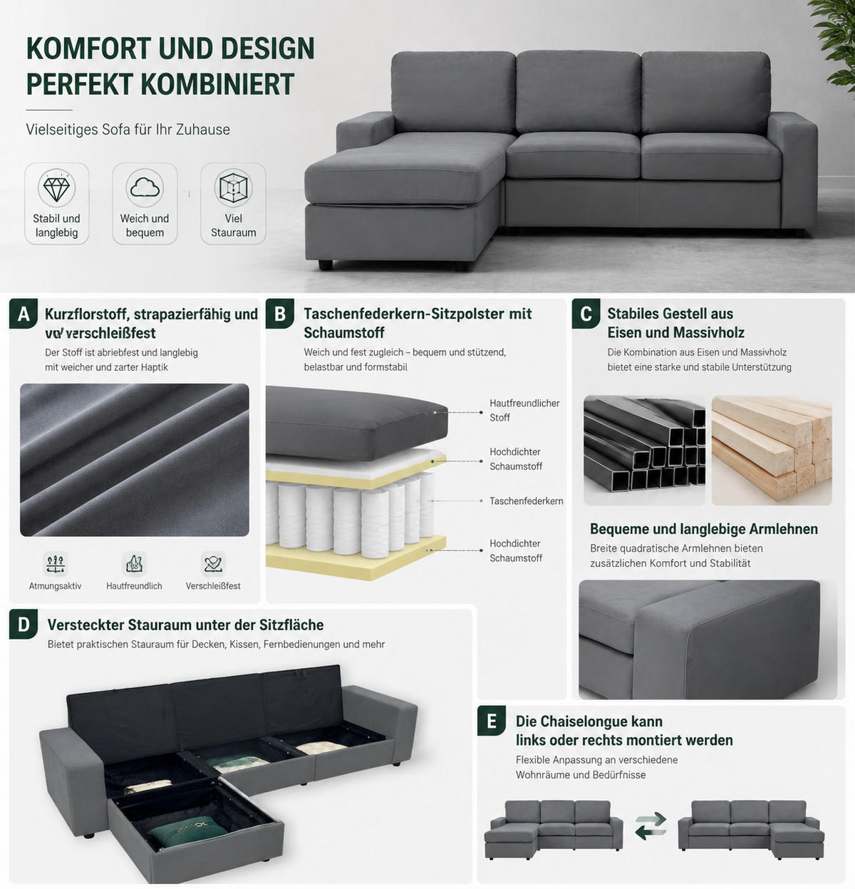 ECKSOFA 245.5/150.5/86.5 cm Grau mit Stauraum und Ottomane - Grau, Textil (245.5/150.5cm) - Oxeza