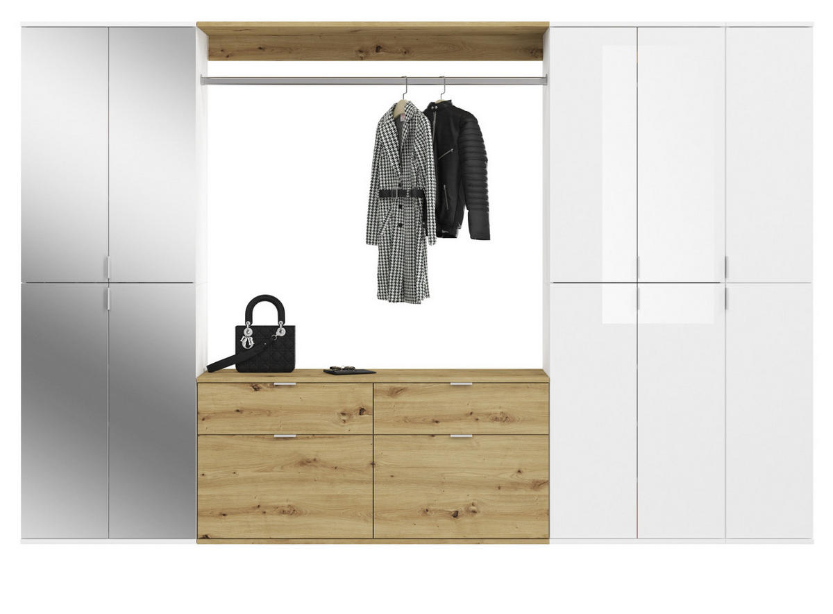 GARDEROBENSCHRANK weiß Hochglanz, Eiche 273 cm, Komplettset mit Spiegel - Weiß Hochglanz/Eiche Artisan, Holzwerkstoff/Metall (273/193/34cm) - Inn.Furn