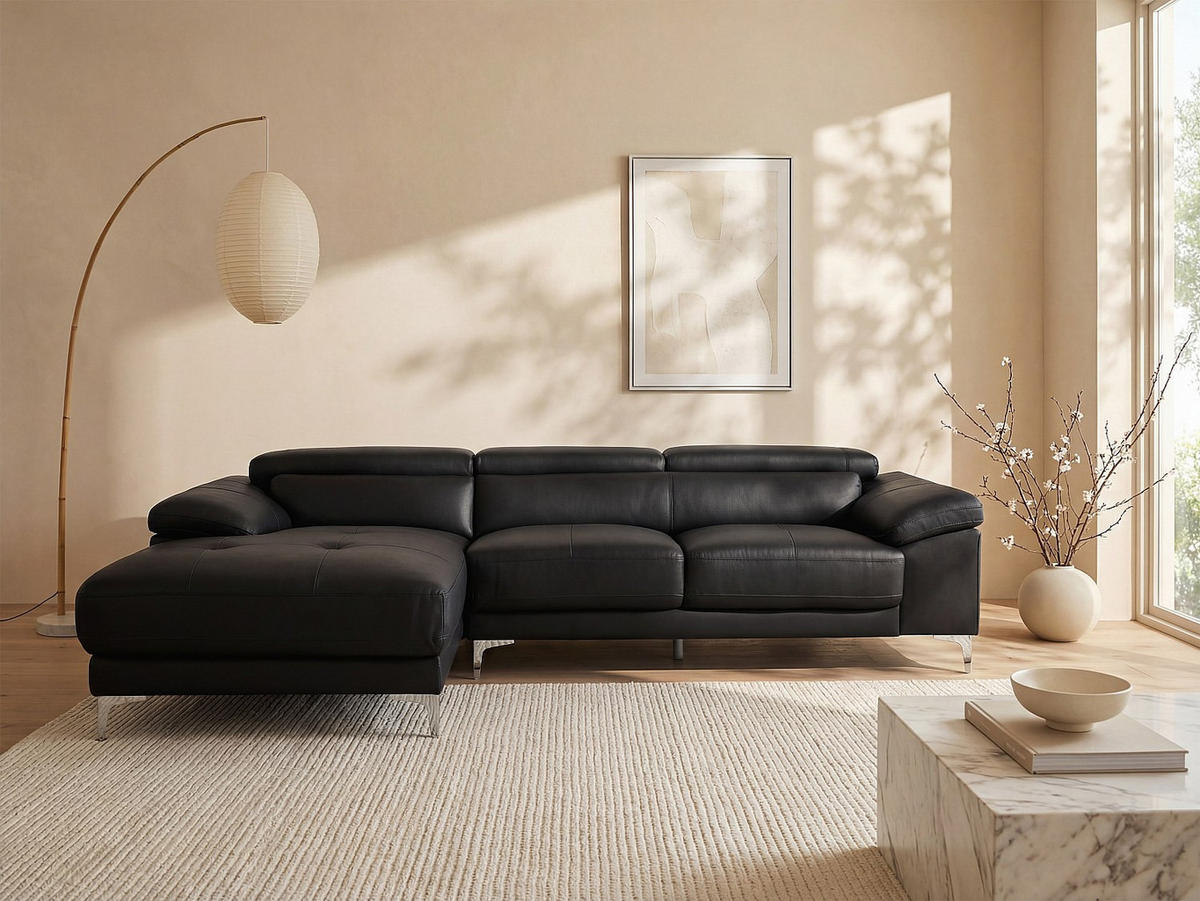 SOFA - 4 Personen - leder - schwarz Solange - Schwarz, Leder/Metall (265/73/167cm) - Vente-Unique