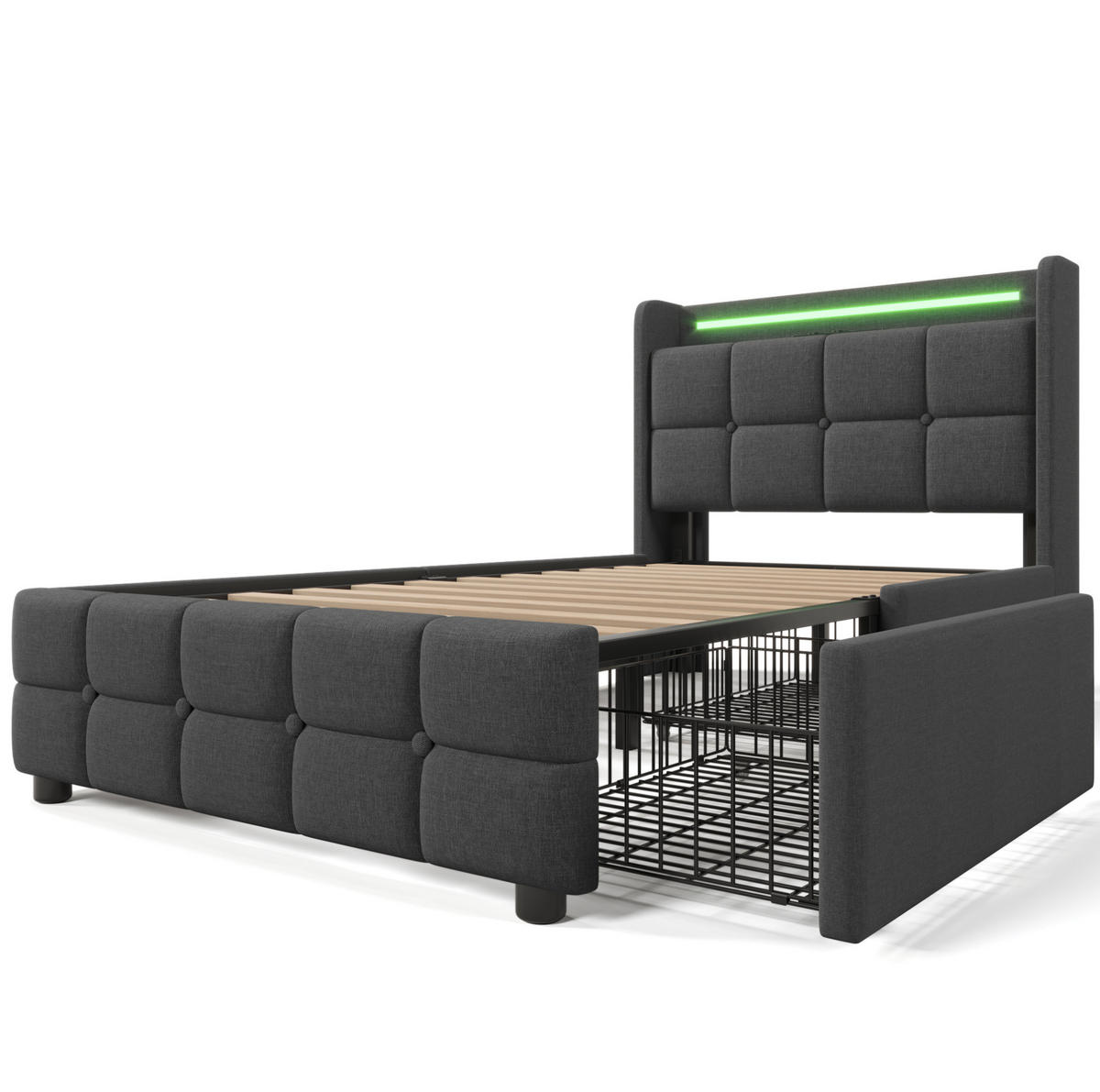 POLSTERBETT 90/200 cm grau aus Holz mit Matratze, LED, USB und 2 Schubladen - Grau, Holzwerkstoff (90/200cm) - OKWISH
