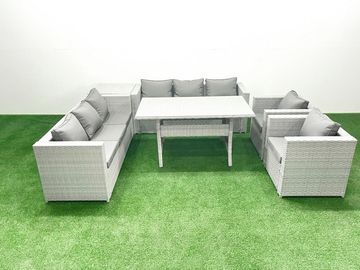 GARTENMÖBEL SET mit 3-Sitzer-Sofa und 2 Stühle, Esstisch,Beistelltisch Polyrattan Hellgrau 8-Sitzer - Hellgrau/Grau, Glas/Kunststoff - Fimous
