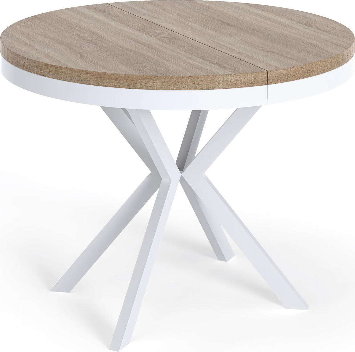 ESSTISCH Cloud runder ausziehbarer, Sonoma Eiche 100-180/100/76 cm - Weiß/Sonoma Eiche, Holzwerkstoff/Metall (100/100/76cm) - WFL GROUP