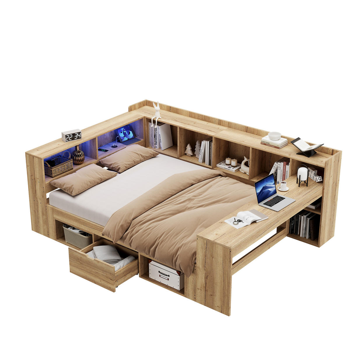 STAURRAUMBETT 140/200 cm DE-03117, mit LED, Schreibtisch und Regalen, in Natur - Naturfarben, Holzwerkstoff (140/190cm) - ComfortXL