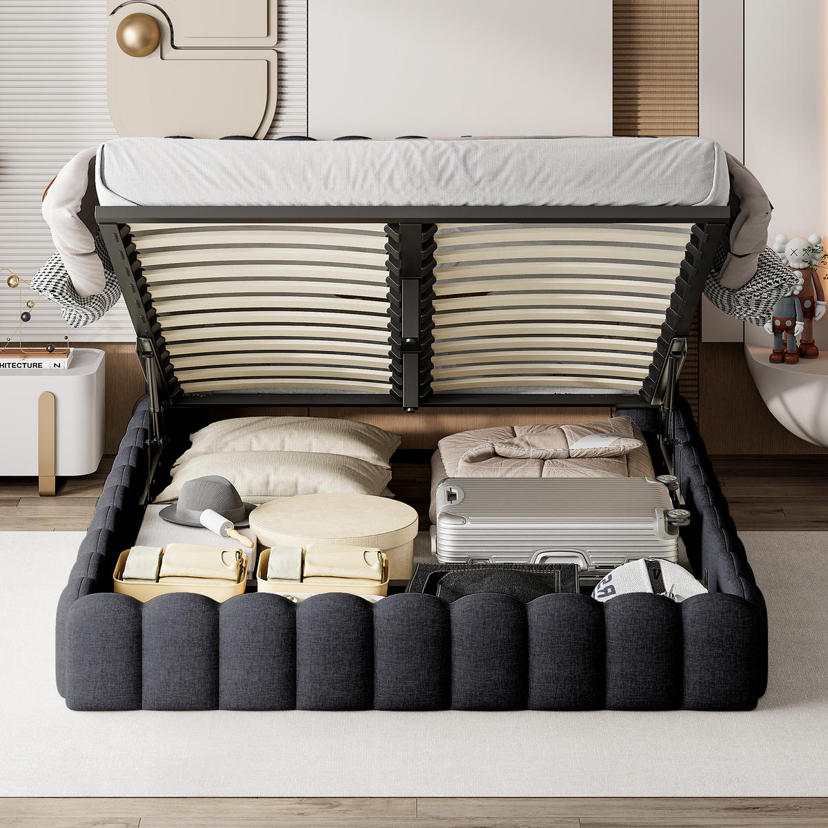 POLSTERBETT 140x200 cm, Grau, mit USB, LED - Grau, Textil/Metall (140/200cm)