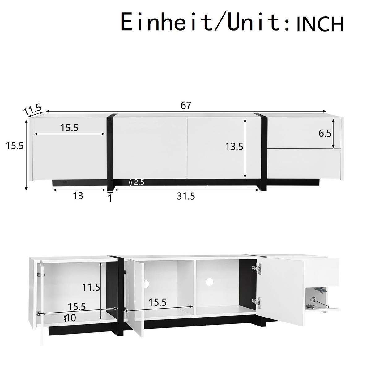 LOWBOARD 170/30/39 cm aus Spanplatte mit Hochglanzfronten Weiß/Schwarz - Weiß, Holzwerkstoff (170/39/30cm) - Modenvie