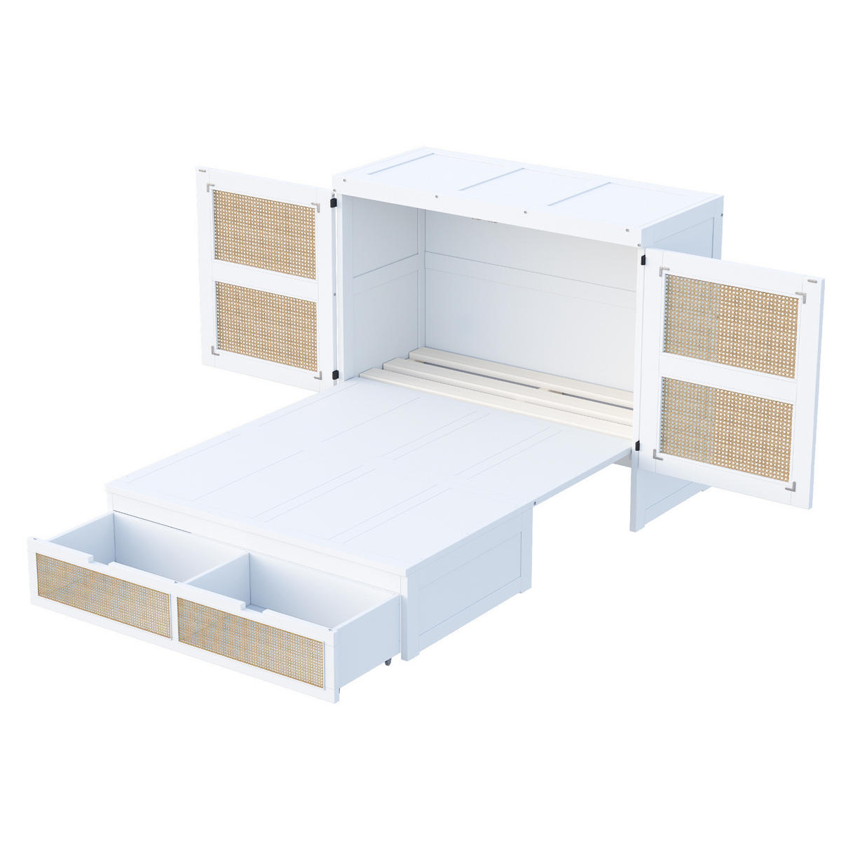 KREVET 140/200 cm s preklopnim zidnim dizajnom, prostorom za pohranu i vratima u rattan stilu, Bijela / Siva - bijela, drvni materijal (140/200cm) - Redom