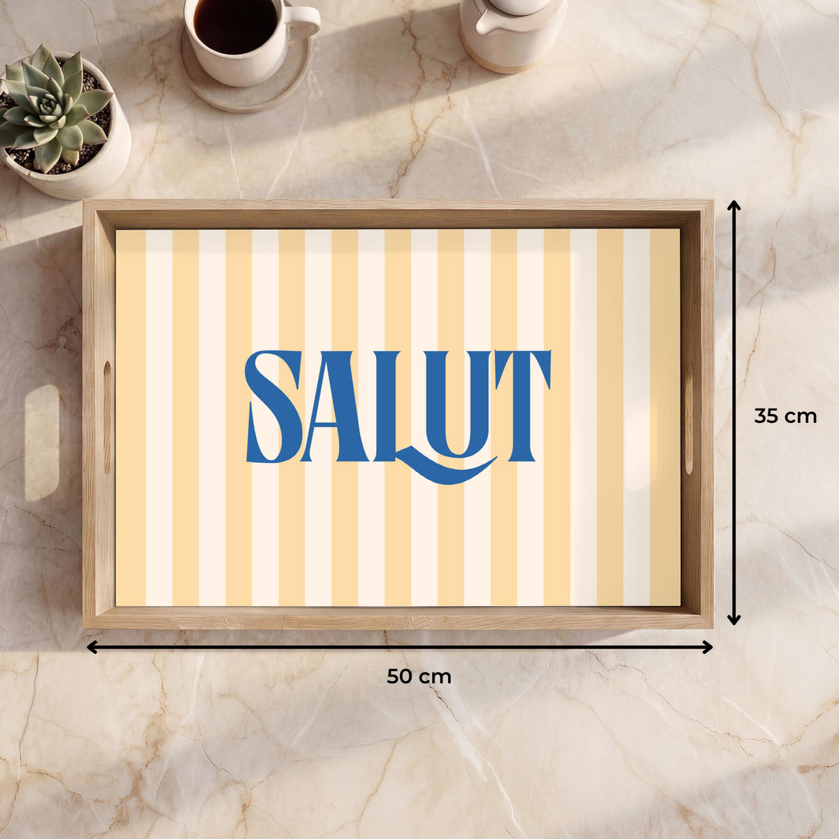 SERVÍROVACÍ PODNOS Salut - Citát - Pruhy - Žlutá - Modrá - Bílá 50x35 cm - béžová, dřevo (50/5/35cm)