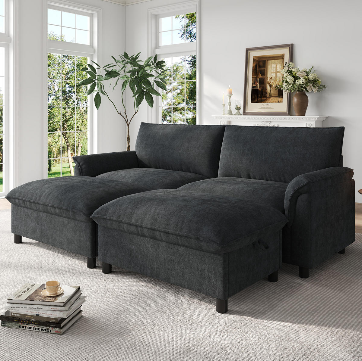 ECKSOFA 216/77/82 cm mit Schlaffunktion, beweglichem Fußhocker und Stauraum, Schwarz - Schwarz, Textil (216/77cm) - Redom