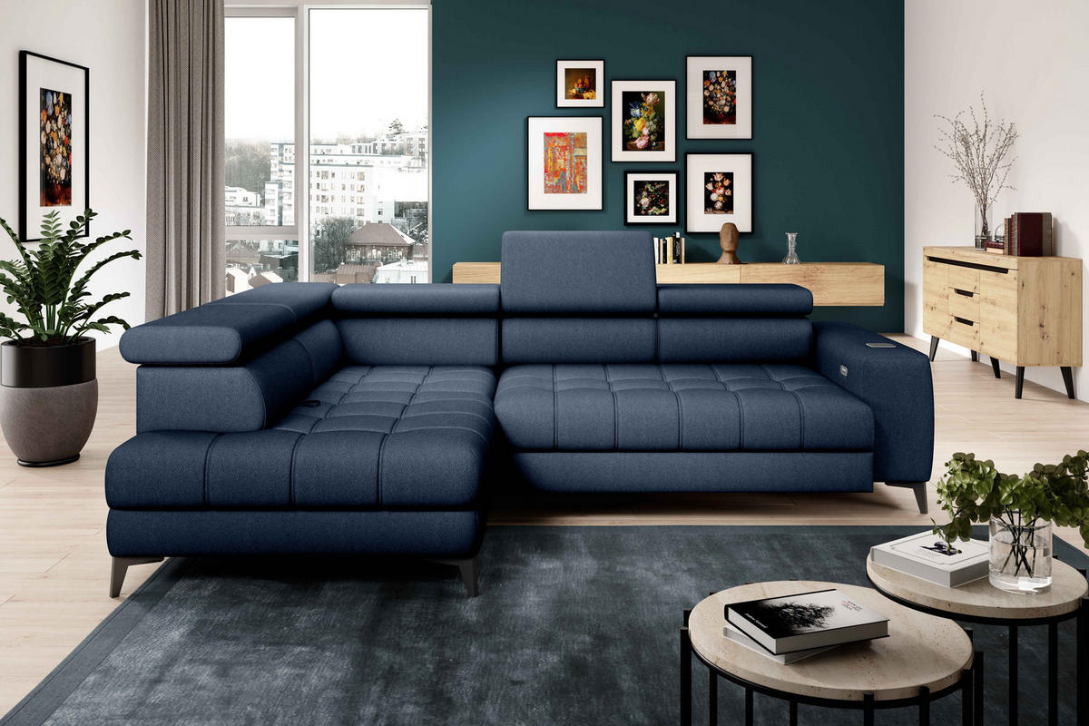 ECKSOFA BAGGIO Letto Stoff, Schlaffunktion, Bettkasten, Sitztiefe, Kopfstützen 280x196cm – Links – Marineblau - Dunkelblau, Holz/Textil (196/280cm) - DomoHome