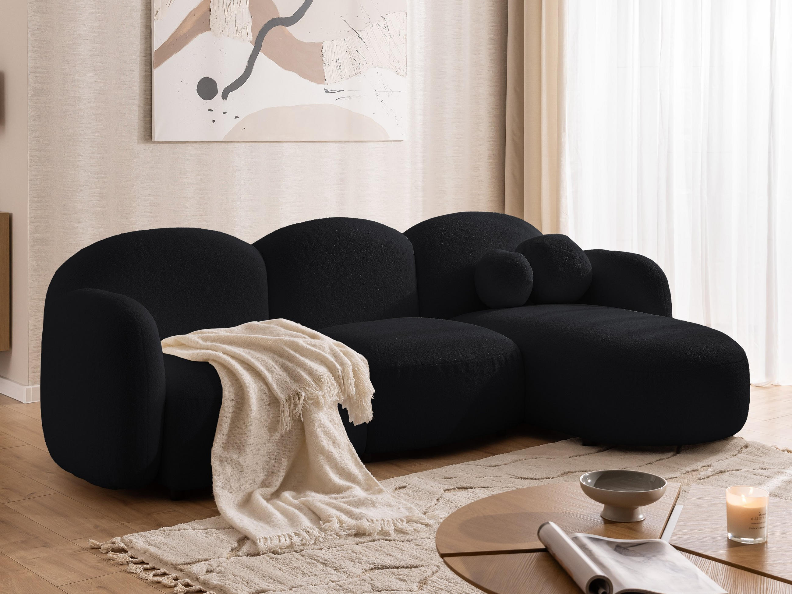 ECKSOFA Nuvola mit abgerundetem Design Schwarz Bouclé-Stoff - Ottomane Rechts - Schwarz, Holz/Kunststoff (268/146cm) - S-Style Möbel