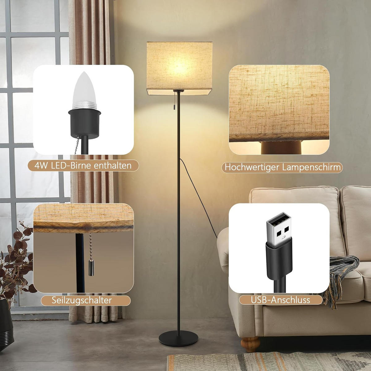 LED STEHLAMPE Strahlmar 25.5/16/134 cm - Schwarz, Textil/Metall (25.5/16/134cm) - ZMH