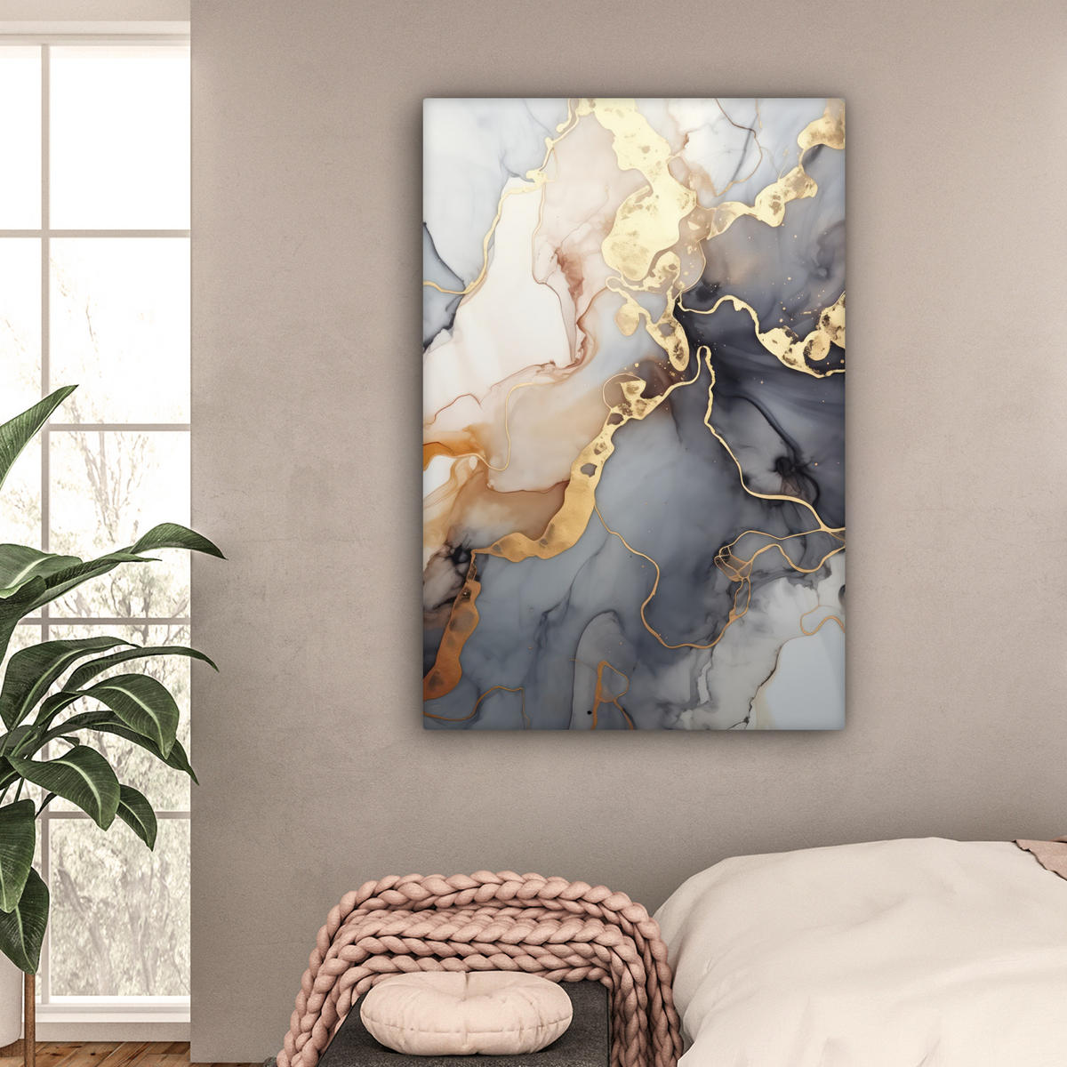 LEINWANDBILD Marmor - Schwarz - Gold - Weiß 80x120 cm - Dunkelgrau, Textil (80/120cm) - MuchoWow