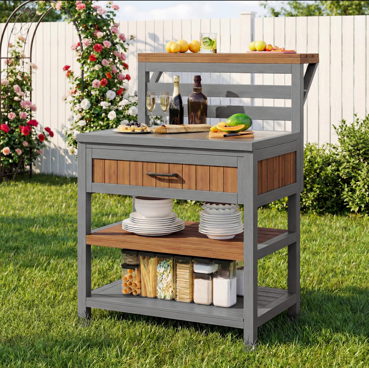 GARTENSCHRANK Holz Edelstahl Arbeitsplatte Outdoor Grillstation - Naturfarben, Holz (72.5/123/80cm) - FLIEKS