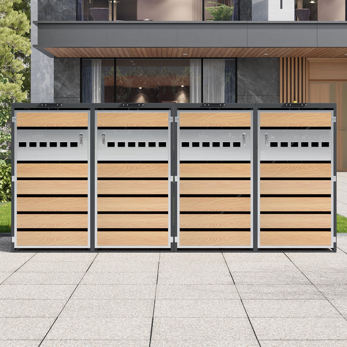 MÜLLTONNENBOX Vier Türen Holzmaserung/Grau - Braun, Metall (132/118.5/80cm) - ComfortXL