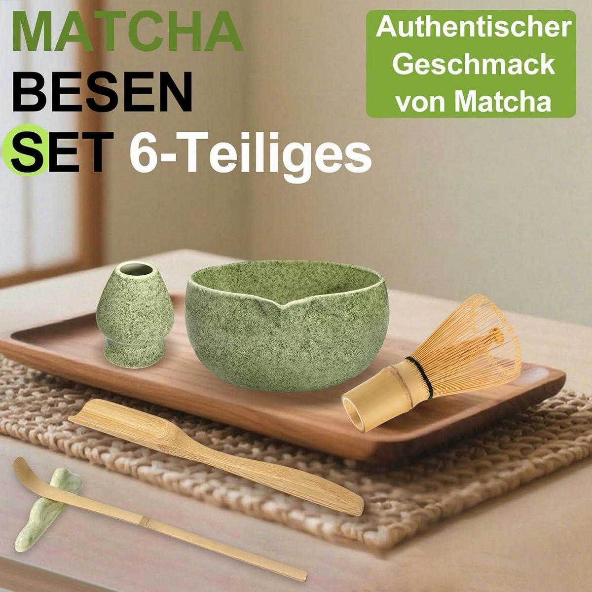 MATCHA Set 6-teiliges Set mit Bambusbesen und Schale - Grün, Keramik (115/108/130cm)