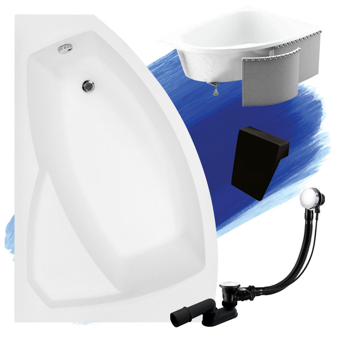 BADEWANNE Eckwanne RIMA 150/95 Links mit Styro und schwarzer Kopfstützen Ablauf Füße - Weiß, Kunststoff (95/58.5/150cm) - bad land