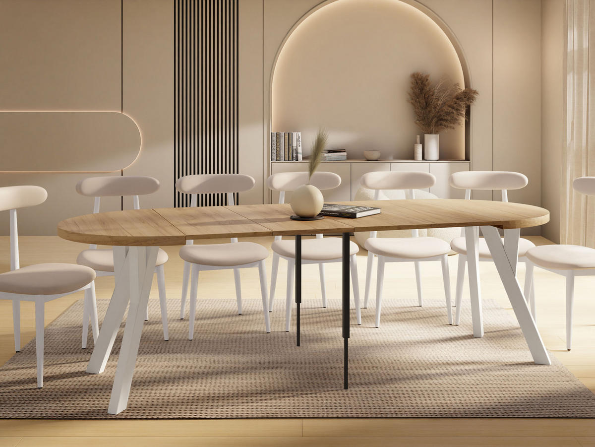 ESSTISCH Vero Weiß rund ausziehbar verlängerbar, Eiche Braun 100-300/100/77 cm - Eiche Wotan/Weiß, Holz/Holzwerkstoff (100/100/77cm) - WFL GROUP