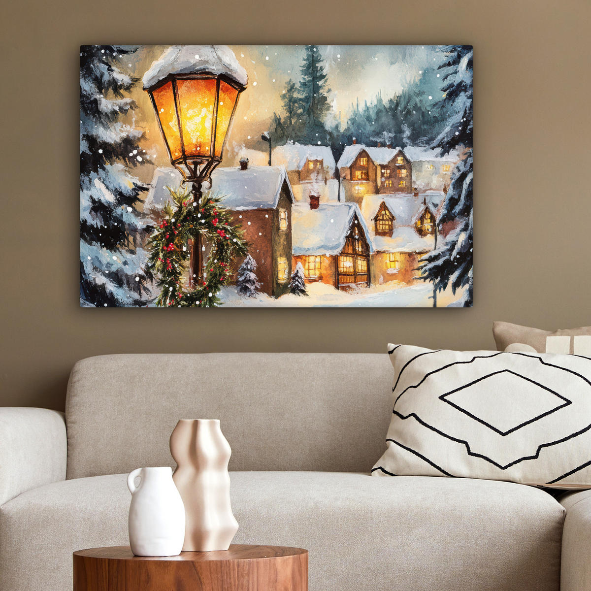 LEINWANDBILD Weihnachtsdorf - Häuser - Schnee - Weihnachten Wanddeko 90x60 cm - Sandfarben, Textil (90/60cm) - MuchoWow