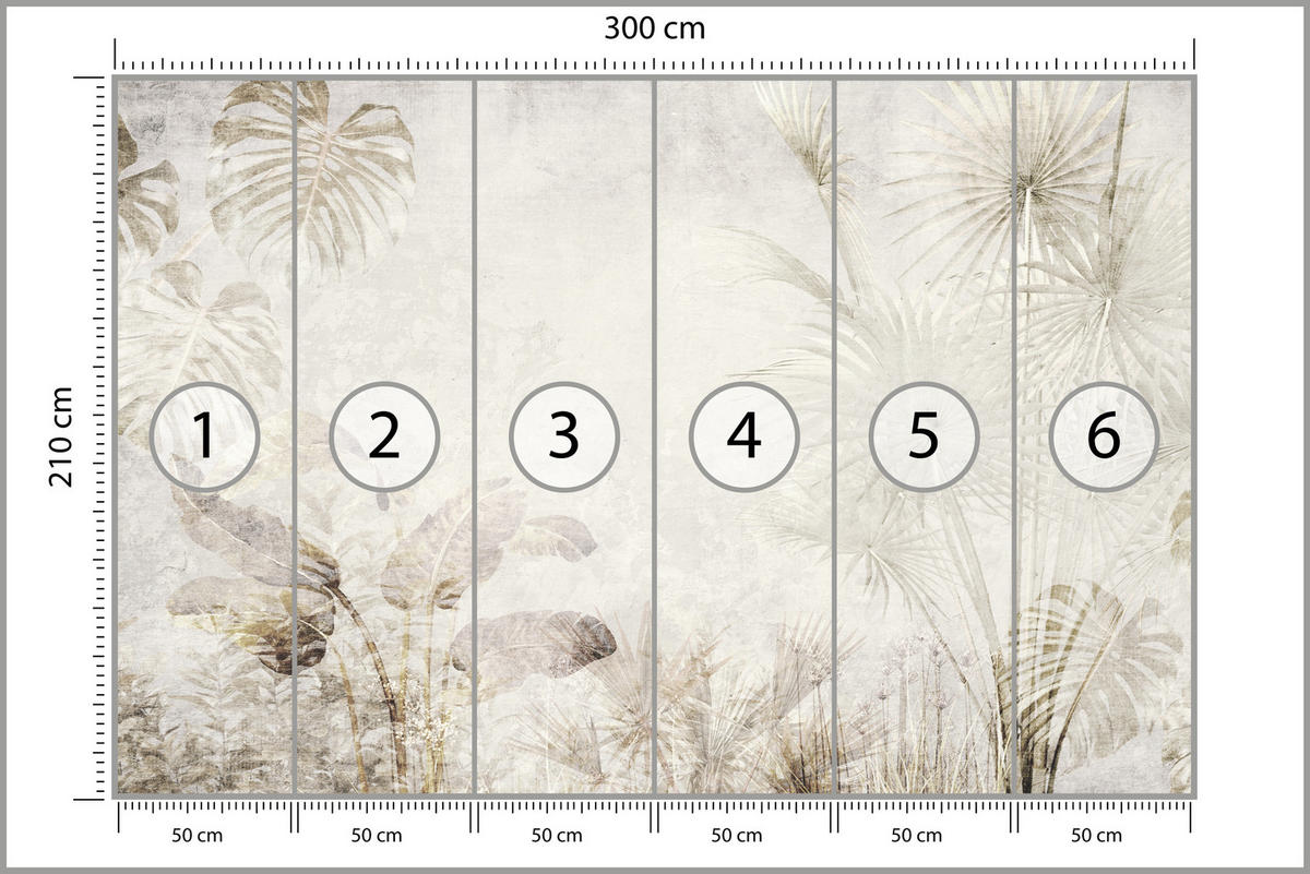 FOTOTAPETE für Wohnzimmer Tropisch Vintage Palmenblätter Beton 300x210 - Beige/Creme, Papier (300/210cm) - Muralo