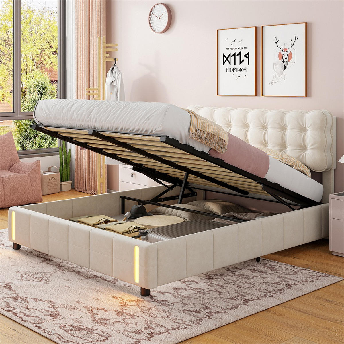 POLSTERBETT 140x200 cm - Doppelbett mit Stauraumfunktion und Bewegungsmelder-Bettendenleuchte - ohne Matratze - Beige - Beige, Textil (140/200cm) - DELFA