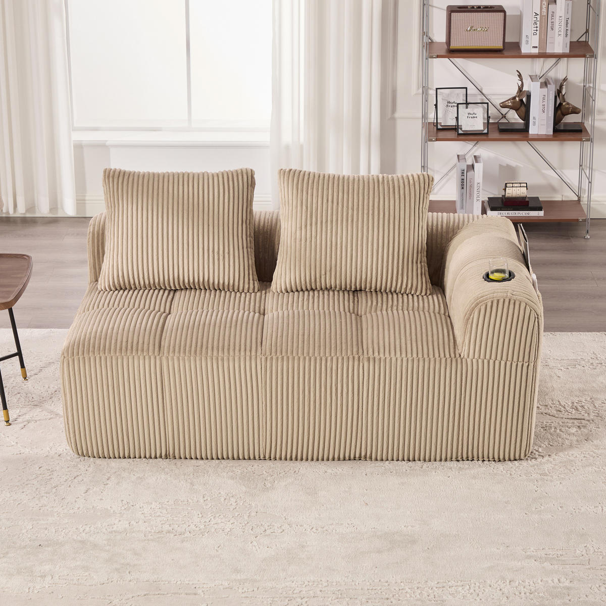 SOFA od samta, 158/93/61 cm kaki, s bočnim džepovima i držačima za piće - boje pijeska, tekstil (90/60/160cm) - BEAOK