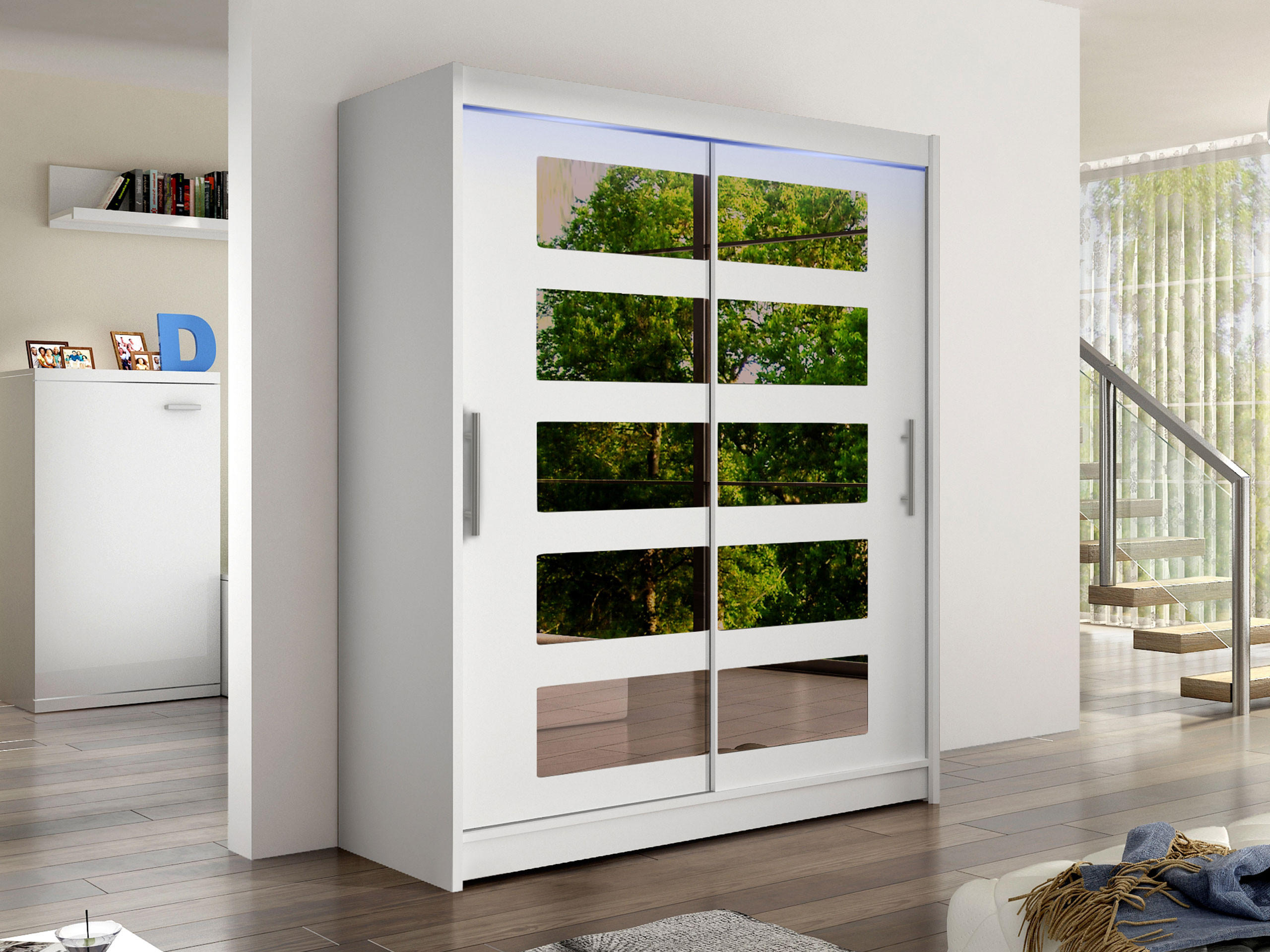 SCHWEBETÜRENSCHRANK Westa V, mit RGB LED Beleuchtung - Silberfarben/Weiß, Holzwerkstoff/Metall (150/200/58cm) - MIRJAN24