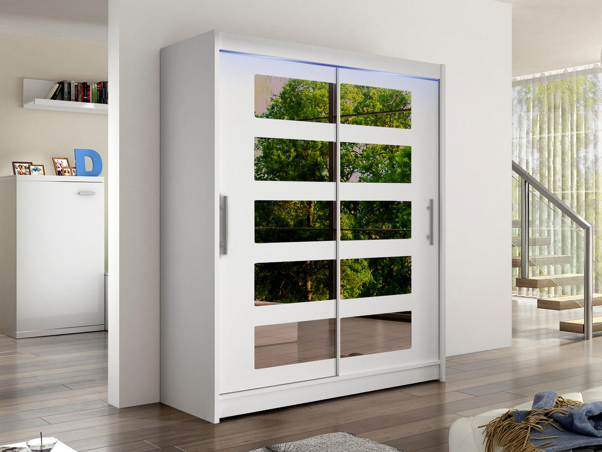 SCHWEBETÜRENSCHRANK Westa V, mit RGB LED Beleuchtung - Silberfarben/Weiß, Holzwerkstoff/Metall (150/200/58cm) - MIRJAN24