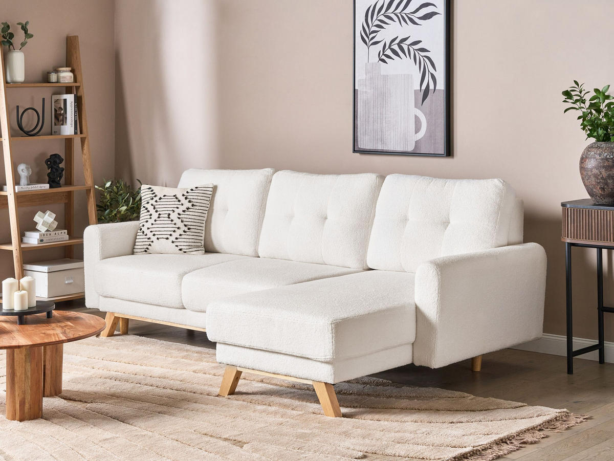 3-SITZER-ECKSOFA Bouclé cremeweiß rechtsseitig mit Schlaffunktion Stauraum Siro - Hellbraun/Weiß, Textil (240/142cm) - Beliani