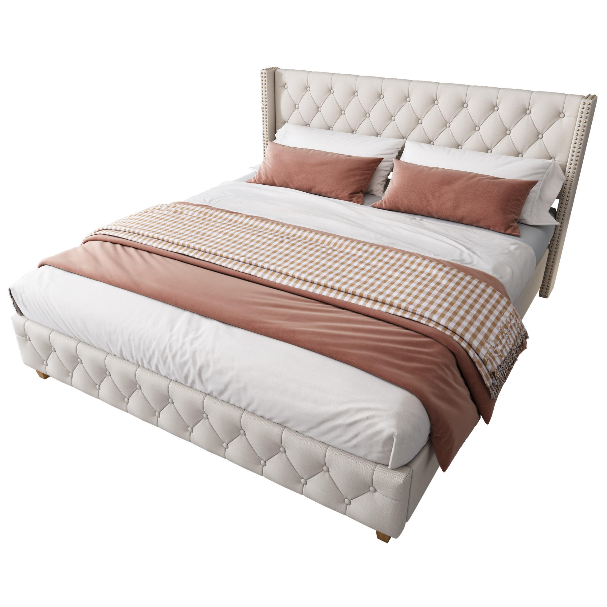 POLSTERBETT 180/200 cm Beige aus Leinen mit Knopfheftung - Beige, Textil (180/200cm) - OKMYHOME