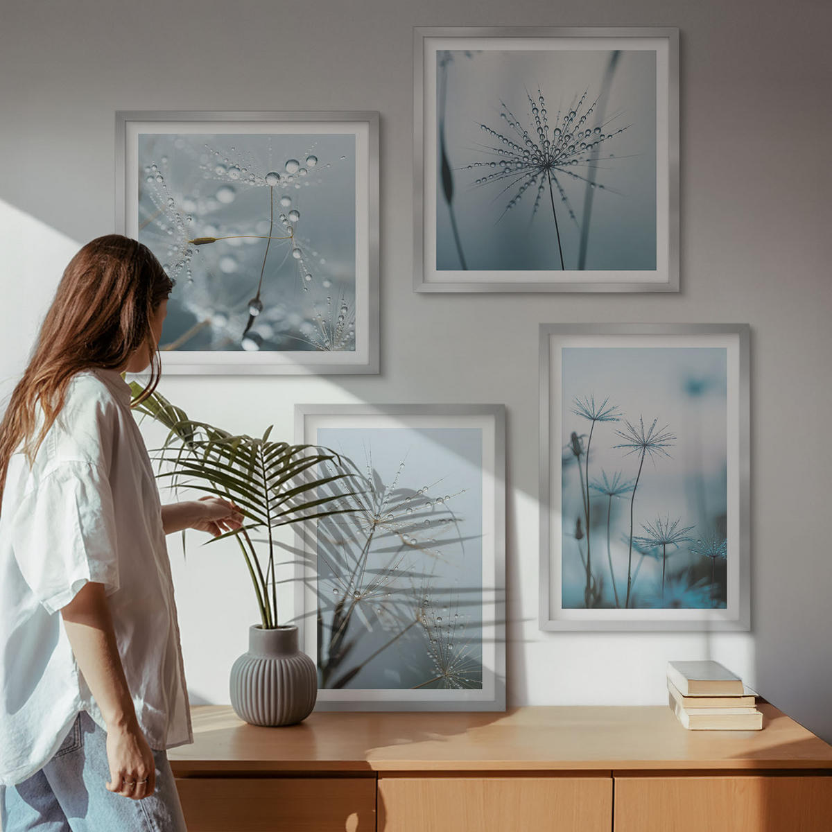 WANDBILDER 4er Set - 50x50 cm & 40x60 cm Silberner Rahmen - Löwenzahn-Wassertropfen - Silberfarben, Kunststoff (50/50cm) - ArtPrintCave