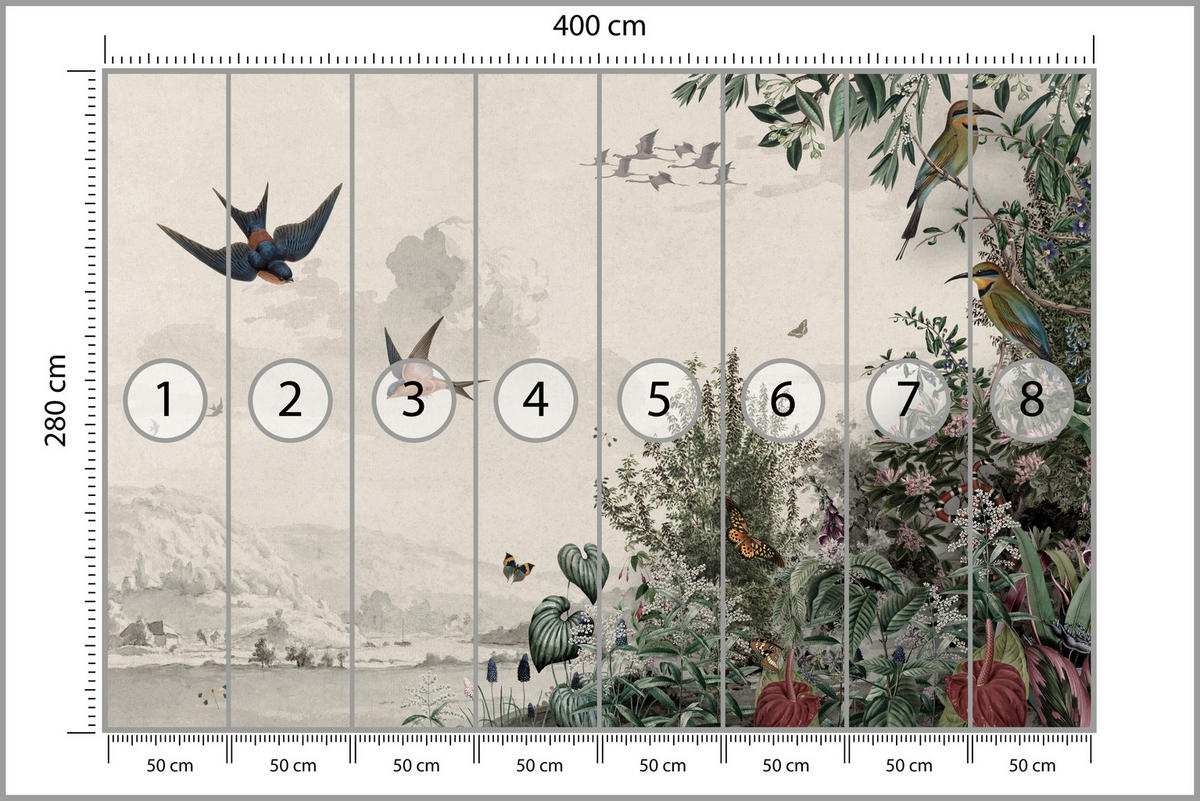 FOTOTAPETE für Wohnzimmer Retro Tropenlandschaft Vögel Büsche 400x280 - Beige/Rot, Papier (400/280cm) - Muralo