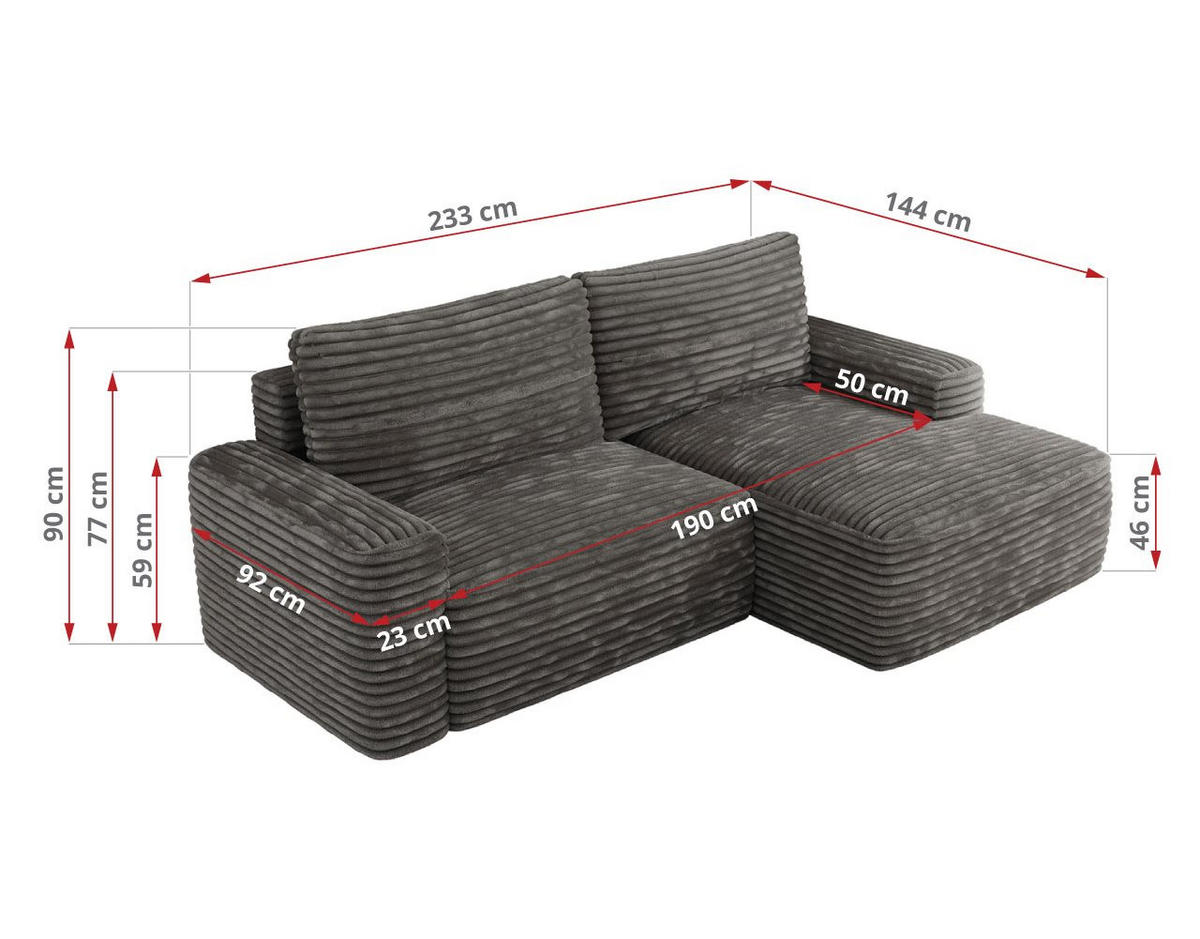 ECKSOFA BELLUNO L Dunkelgrau Cord - Rechts - Dunkelgrau/Schwarz, Textil (233/144cm) - MKS