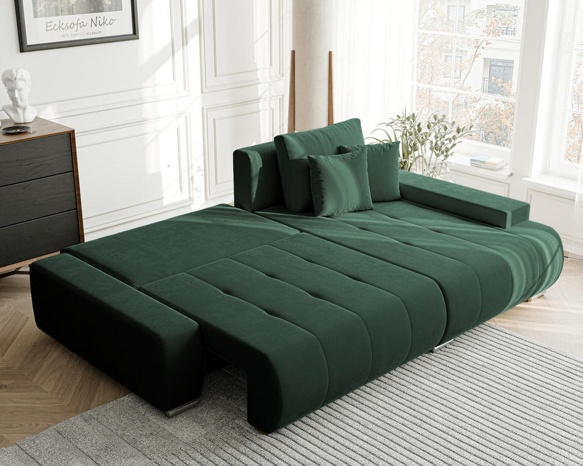 ECKSOFA NIKO Rechts, mit Schlaffunktion und Bettkasten, Grün - Grün, Textil (227/153cm) - Idohome