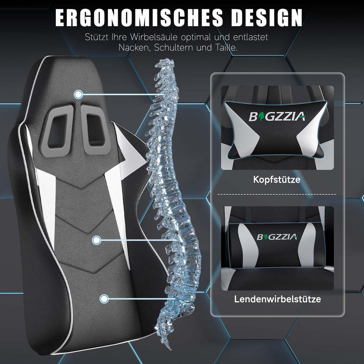 GAMINGSTUHL Schwarz-Weiß ergonomisch - Weiß, Leder (29/59/79cm) - Rattrix