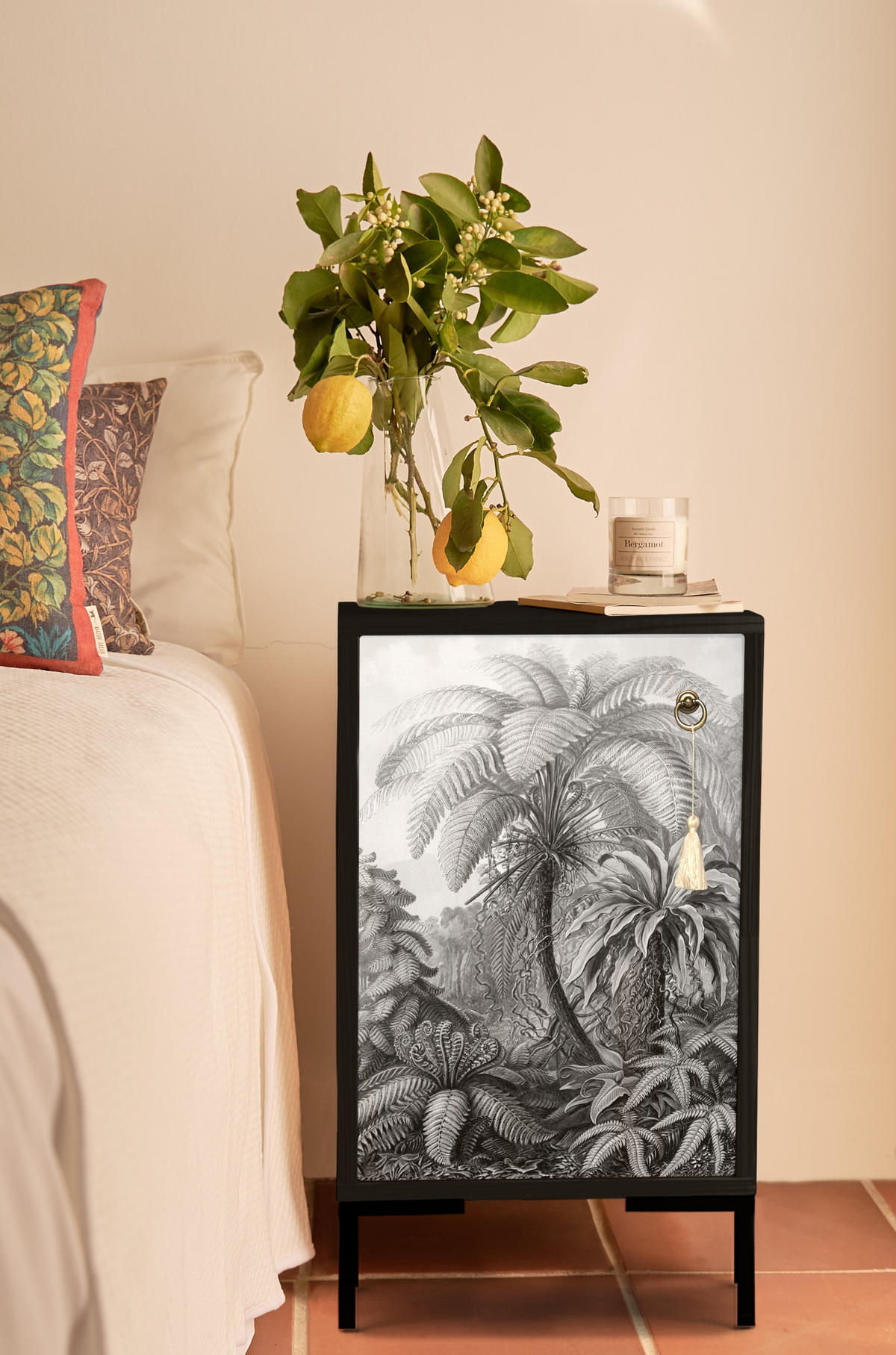 NACHTTISCH aus MDF mit Palmen-Print BLACK VINTAGE PALM - Schwarz/Grau, Holzwerkstoff (30/65/40cm) - RNT By Really Nice Things